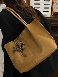 Large camel suede tote bag with dual straps and leopard print charm for women