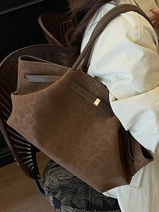 Large dark brown faux suede tote bag with leopard texture and gold metal buckle detail