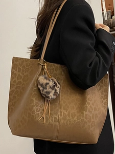 Brown leopard embossed large tote bag with heart plush pendant for women commute