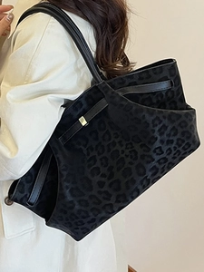 Large leopard print faux suede tote bag for women with black leather straps and gold hardware