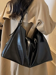 Large black glossy hobo shoulder bag for women with minimalist retro tote design