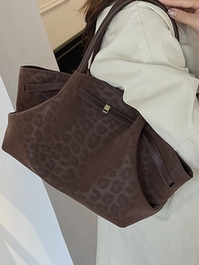 Brown leopard print suede tote bag for women showing a large capacity shoulder design