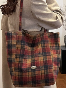 Large plaid tote bag with handmade metal badge in vintage British style for women