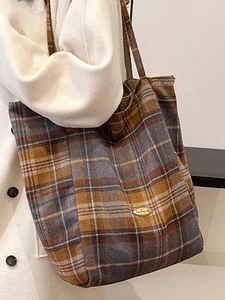 Retro plaid tote bag in brown and blue with metal handmade logo and slim shoulder straps