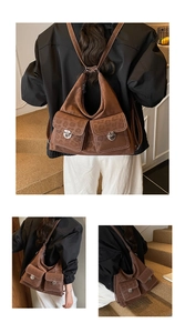 Detail of vintage brown leopard print backpack with silver buckles and white stitching