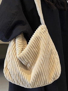 Minimalist beige corduroy tote bag with large capacity for casual women's shoulder wear
