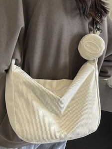 Borsa tote in velluto a coste bianco panna da donna con portamonete rotondo abbinato