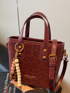 Vintage Women Leopard Print Bucket Bag Urban Simple Handbag Crossbody Bag With Beaded Charm Fashion PU Leather Shoulder Bag