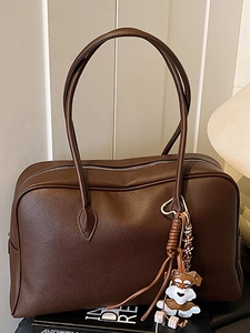 Vintage Large Capacity PU Leather Shoulder Bag For Women Litchi Grain Tote Bag With Cartoon Dog Pendant Commuting Underarm Bag