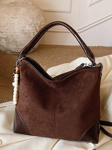 Vintage Suede Patchwork Shoulder Bag For Women Retro Large Capacity Tote Bag With Bead Charm Fashion Commuter Hobo Bag