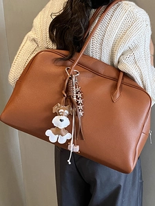 Brown vintage leather tote bag with large capacity and cute puppy pendant for women