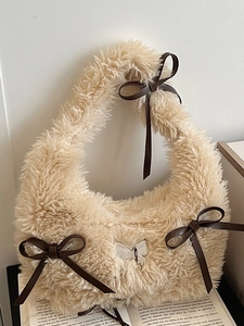 Borsa a Tracolla Minimalista in Peluche E Pelliccia Sintetica per Donna Dolce Fiocco Farfalla in Metallo Tote Autunno Inverno Moda Pendolare