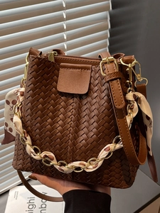 Woven PU Leather Bucket Bag For Women With Silk Scarf Metal Chain Handle Urban Minimalist Shoulder Crossbody Bag Trendy Satchel