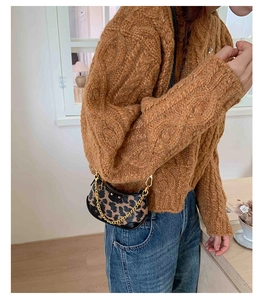Mini sac à bandoulière léopard avec chaîne dorée porté par un mannequin en pull en maille