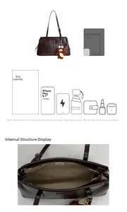 Brown leather tote with plush bear charm showing large capacity for phone and accessories