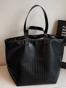 Chic black crocodile embossed leather tote bag with dual straps and large capacity