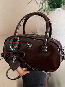 Women Glossy PU Patent Leather Shoulder Bag Trendy Small Pillow Handbag With Charm Bow Zipper Crossbody Bag Casual Urban Tote