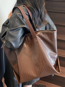 Deep brown oversized tote bag with premium crocodile embossed texture for women's daily use
