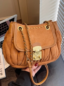Women Vintage Suede Pleated Shoulder Bag Patchwork Chain Strap Underarm Bag Luxury Rivet Lock Handbag Crossbody Bag Fashion Purse