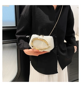 Detail view of mini white crossbody bag with prominent gold circular metal handle and chain
