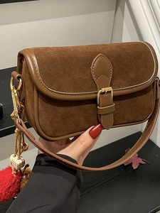 Vintage PU Leather Suede Texture Square Crossbody Shoulder Bag Women Contrast Stitching Metal Buckle Daily Commute Purse