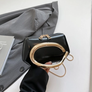 Detail of black mini box bag with oversized gold oval handle and dual zip closure