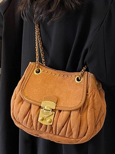 Vintage brown suede pleated crossbody bag with chain strap and gold clasp for women