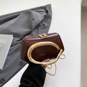 Macro detail of wine red leather mini bag featuring gold circular handle and dual zippers