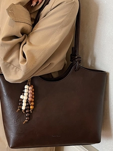 Retro dark brown large capacity faux leather tote bag with bohemian bead charm