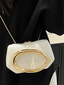 White glossy patent leather mini crossbody bag with a large gold ring metal decoration