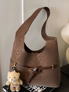 Bolso de Hombro con Estampado de Leopardo de Gamuza Sintética para Mujer Bolso Tote Vintage Hobo con Colgante de Oso de Peluche