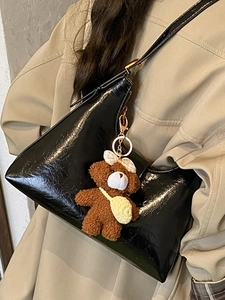 French vintage black patent leather shoulder bag with cute plush bear pendant accessory