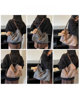 Collage of model wearing large retro tote bag with plush bear charm and leather straps