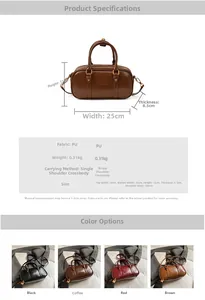 Detailed size specifications for a Boston style PU leather handbag with embossed letters