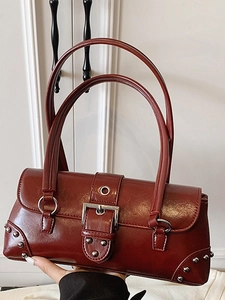 Women Vintage Rivet Underarm Bag Retro PU Leather Shoulder Bag With Metal Buckle Punk Style Splicing Crossbody Bag For Lady