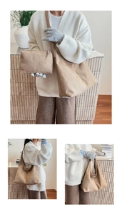 Detail of earthy brown matte suede tote set including large shoulder bag and pouch