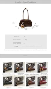 Detailed size chart and multi-color options for the minimalist PU bowling shoulder bag