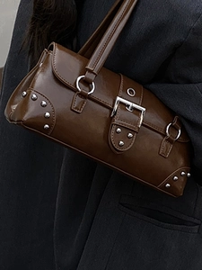 Retro dark brown leather underarm bag with silver buckle and metal rivet details