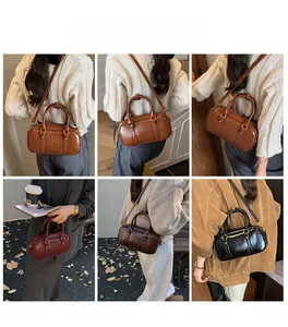 Collage of retro leather crossbody bags in brown and black showing various carrying styles