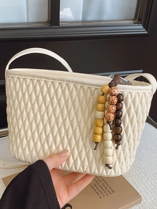 Women Quilted Shoulder Bag Pleated PU Leather Crossbody Bag With Beaded Pendant Simple Fashion Handbag For Daily Commute