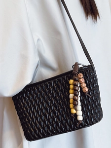 Chic black pleated shoulder bag with colorful beaded chain strap for minimalist women's fashion