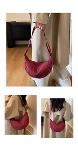 Detailed views of a burgundy crescent crossbody bag in textured nylon fabric with strap