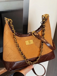 Women Quilted Suede Patchwork Shoulder Bag With Chain Strap Retro Fashion Crossbody Small Square Bag For Daily Use
