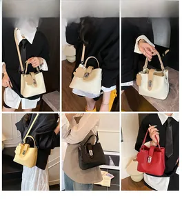 Multiple views of a minimalist leather bucket bag in beige, yellow, black, and red colors