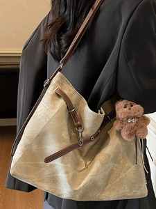 Vintage large capacity khaki tote bag with brown straps and plush bear charm for women