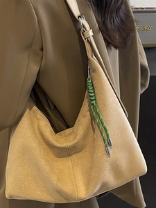 Retro khaki suede large capacity tote bag with woven green cord and beige strap