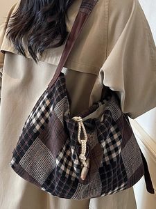 Retro oversized plaid tote bag with horn buckle and drawstring closure for women