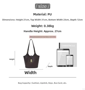 Detailed size chart for the PU tote bag showing dimensions and capacity with iPad comparison