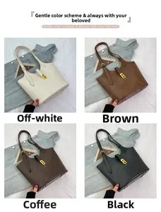 Detail view of four minimalist tote bags in cream, black, coffee and brown colors