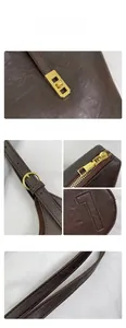 Detail of dark brown leather tote with gold hardware and square turn-lock closure